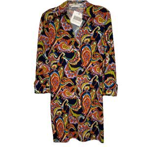 Tracy Negoshian Small Dress Blue Orange Paisley Game Day Stretch 3/4 Sleeve NWT